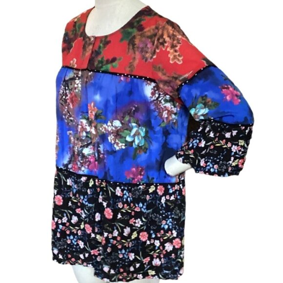 Calessa BOHO Colorful Floral Mixed Media Tiered Tunic Top Bell Sleeve XL #97N - Picture 4 of 9